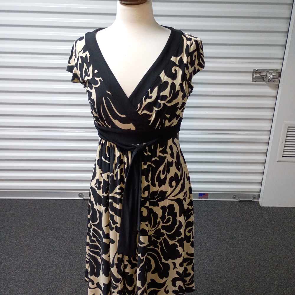 Evan Picone Black and Cream Wrap-Style Floral Maxi Dress